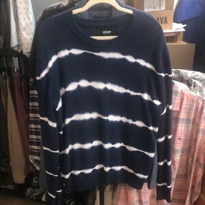 Blue and White Crewneck Sweater with Tie-Dye Stripes